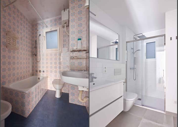 A before afterand after of professional bathroom remodel services in a Mission Veijo, CA home.